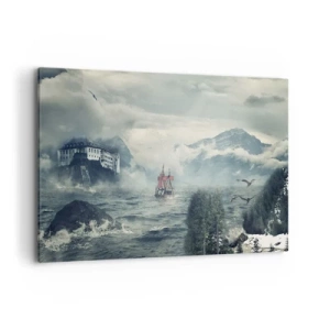 Obraz na płótnie - Tajemniczy krajobraz z zamkiem, górami i statkiem - 100x70cm - Na magicznych wodach - Nowoczesna dekoracja ścienna do salonu, kuchni i sypialni ARTTOR