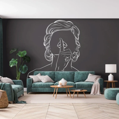 Fototapeta Standard Eco - Konturowy rysunek kobiety na czarnym tle z gestem ciszy - 100x70cm - Piękno rozkwita w ciszy - Nowoczesna dekoracja ścienna do salonu i sypialni ARTTOR