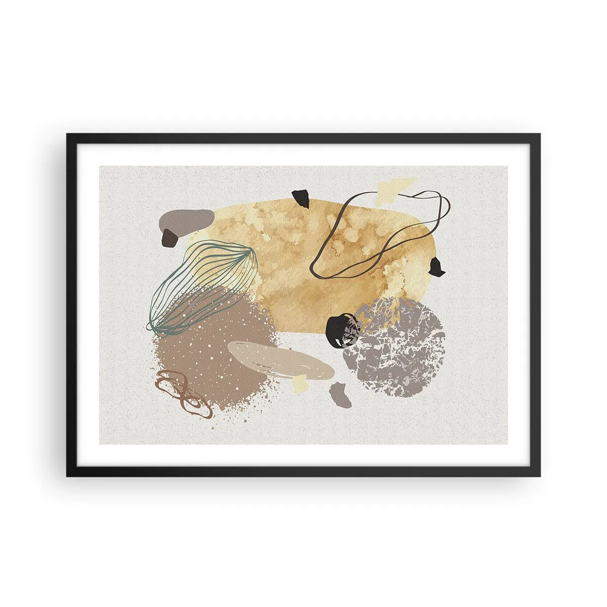 Plakat w czarnej ramie - Kompozycja abstrakcyjnych kształtów w beżach i żółciach - 70x50cm - Plumkologia stosowana - Nowoczesna dekoracja ścienna do salonu i sypialni ARTTOR
