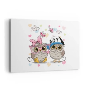Obraz na płótnie - Dwie urocze sowy w otoczeniu serduszek - 120x80cm - Kochajmy się! - Nowoczesna dekoracja ścienna do salonu, kuchni i sypialni ARTTOR
