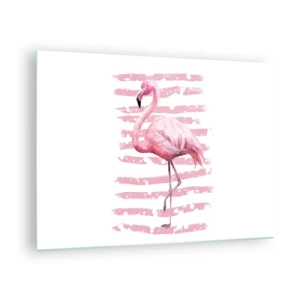 Obraz na szkle - Różowy flaming na tle artystycznych różowych pasów - 70x50cm - Z godnościa, choć na różowo - Nowoczesna dekoracja ścienna do salonu i sypialni ARTTOR