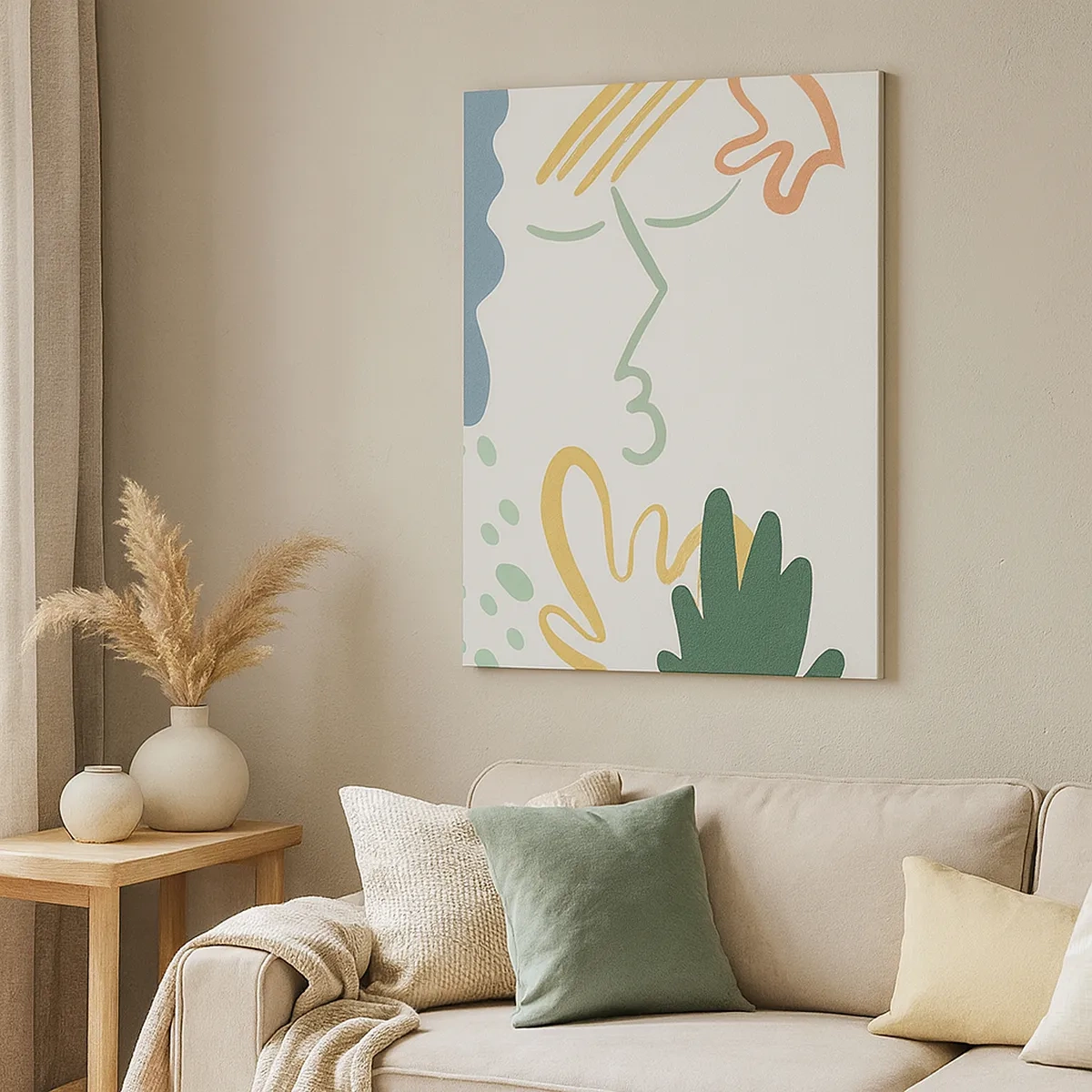 Obraz na płótnie - Kolorowa abstrakcyjna twarz otoczona roślinnymi motywami - 50x70cm - Pocałunek kwiatów - Nowoczesna dekoracja ścienna do salonu, kuchni i sypialni ARTTOR