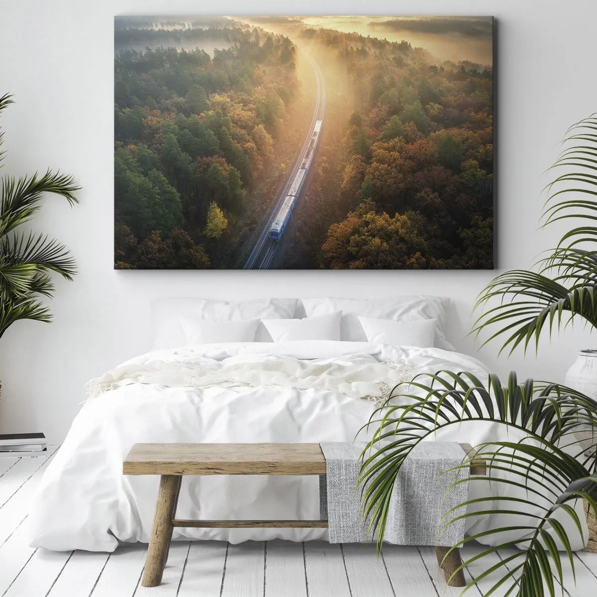Obraz na płótnie - Pociąg w jesiennym lesie o świcie - 70x50cm - Jesienna podróż - Nowoczesna dekoracja ścienna do salonu i sypialni ARTTOR