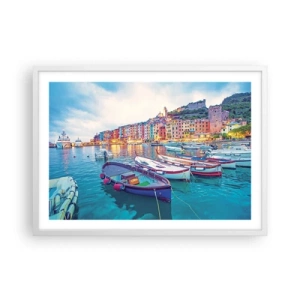 Plakat w białej ramie - Kolorowy wieczór w porcie - 70x50 cm
