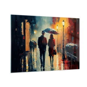Obraz na szkle - Para z parasolem spacerująca nocą po mokrej ulicy - 70x50cm - Miejska love story - Nowoczesna dekoracja ścienna do salonu i sypialni ARTTOR