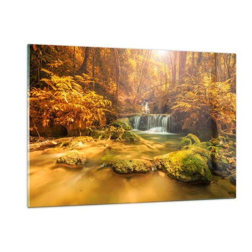 Obraz na szkle - Leśna kaskada w złocie - 120x80cm - Leśna kaskada w złocie - Nowoczesna dekoracja ścienna do salonu, kuchni i sypialni ARTTOR