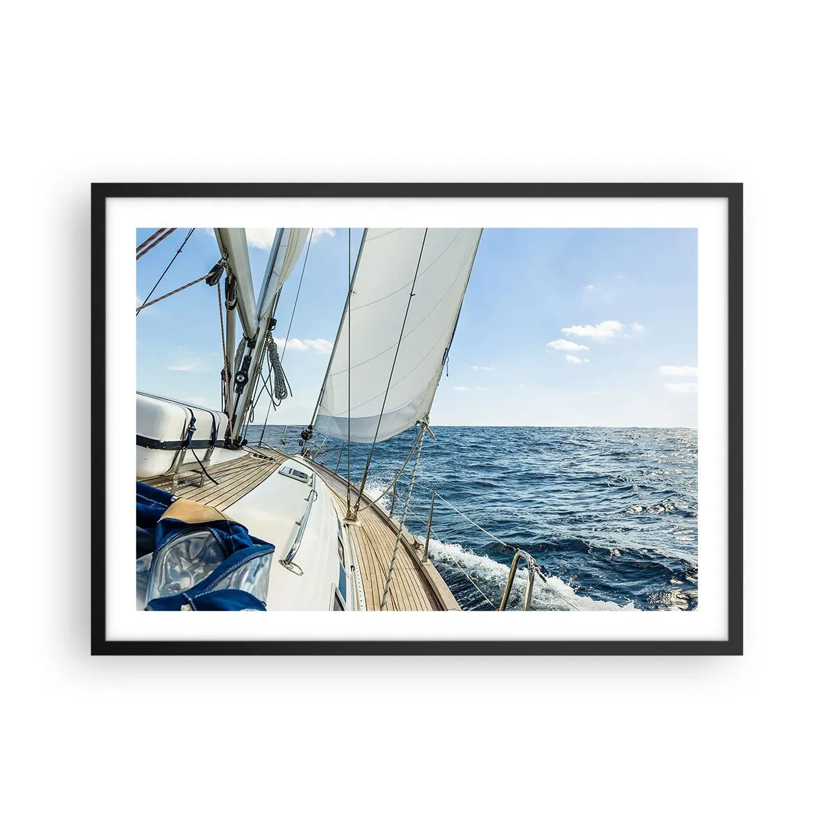 Plakat w czarnej ramie - Żaglówka na spokojnym morzu pod błękitnym niebem - 70x50cm - Ahoj, przygodo - Nowoczesna dekoracja ścienna do salonu i sypialni ARTTOR