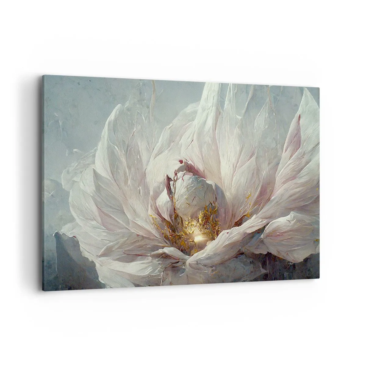 Obraz na płótnie - Delikatny biały kwiat z subtelnymi złotymi akcentami - 120x80cm - Rozkwita raz na sto lat - Nowoczesna dekoracja ścienna do salonu, kuchni i sypialni ARTTOR