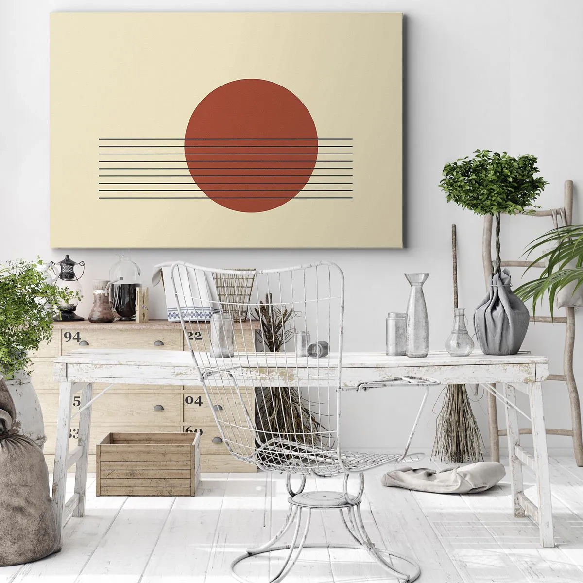 Obraz na płótnie - Abstrakcyjny okrąg w czerwieni z liniami na beżowym tle - 70x50cm - W koło i dalej - Nowoczesna dekoracja ścienna do salonu i sypialni ARTTOR
