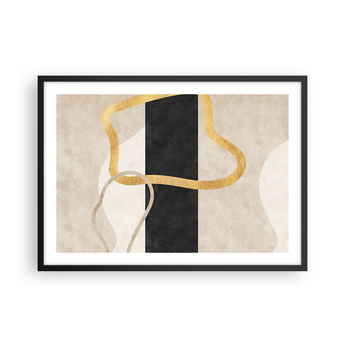 Plakat w czarnej ramie - Minimalistyczny wzór z zapętlonymi kształtami w złotym i czarnym kolorze - 70x50cm - Kształty zapętlone - Nowoczesna dekoracja ścienna do salonu i sypialni ARTTOR