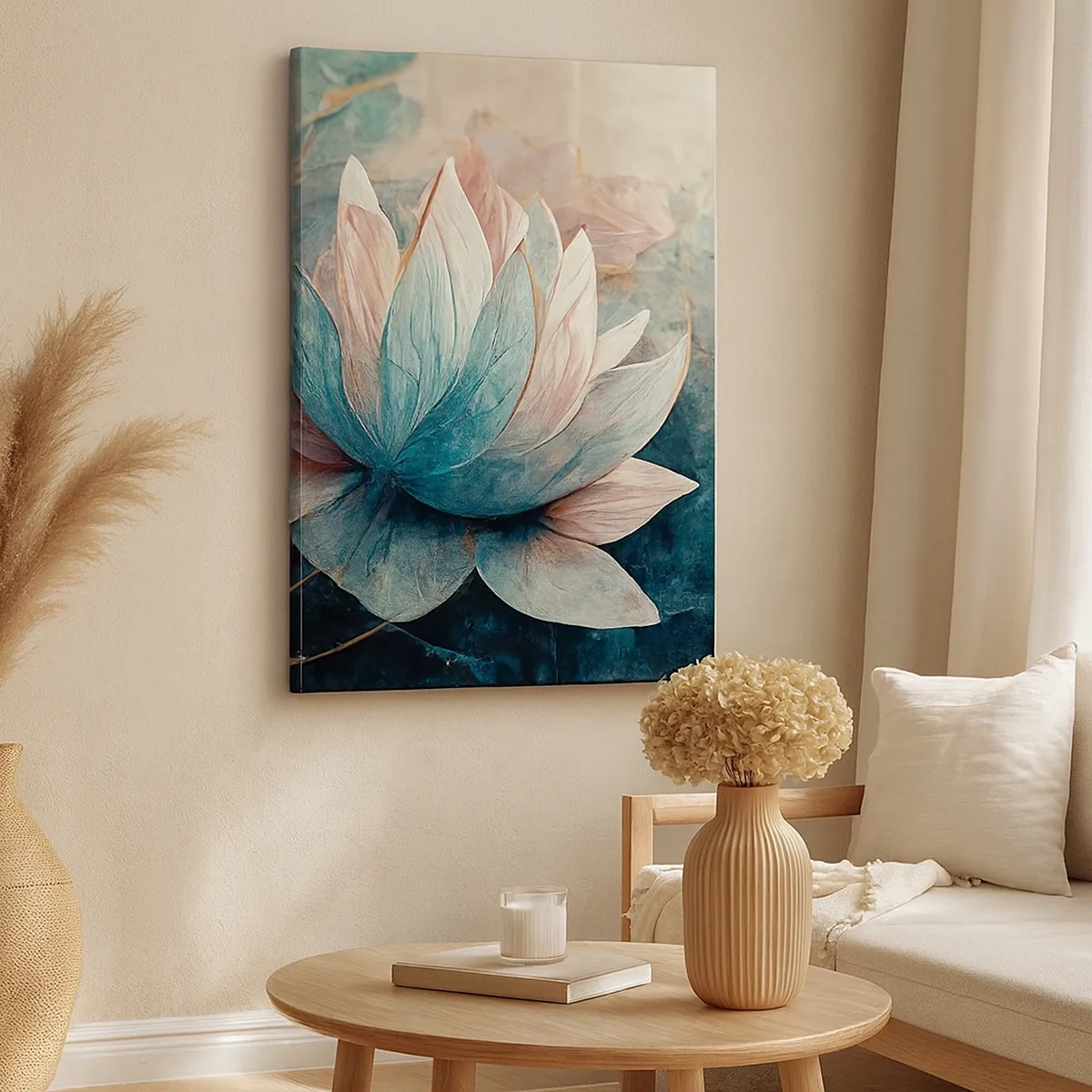 Obraz na płótnie - Delikatny kwiat lotosu w pastelowych odcieniach błękitu i różu - 50x70cm - Gwiazdy jeziora - Nowoczesna dekoracja ścienna do salonu, kuchni i sypialni ARTTOR