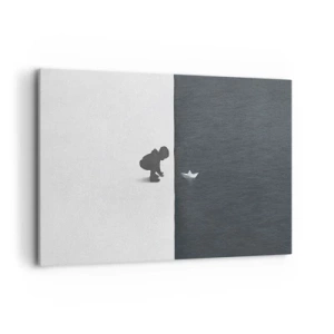 Obraz na płótnie - Postać dziecka z papierową łódką na tle kontrastowych połówek - 120x80cm - Wielka wyprawa - Nowoczesna dekoracja ścienna do salonu, kuchni i sypialni ARTTOR