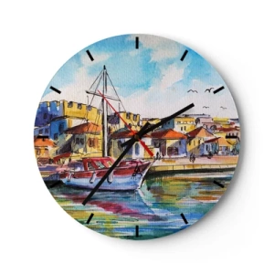 Zegar ścienny - Kolorowa marina z żaglówkami i zabudową w stylu śródziemnomorskim - 30x30cm - Tęczowe popołudnie - Nowoczesna dekoracja ścienna do salonu, kuchni i sypialni ARTTOR