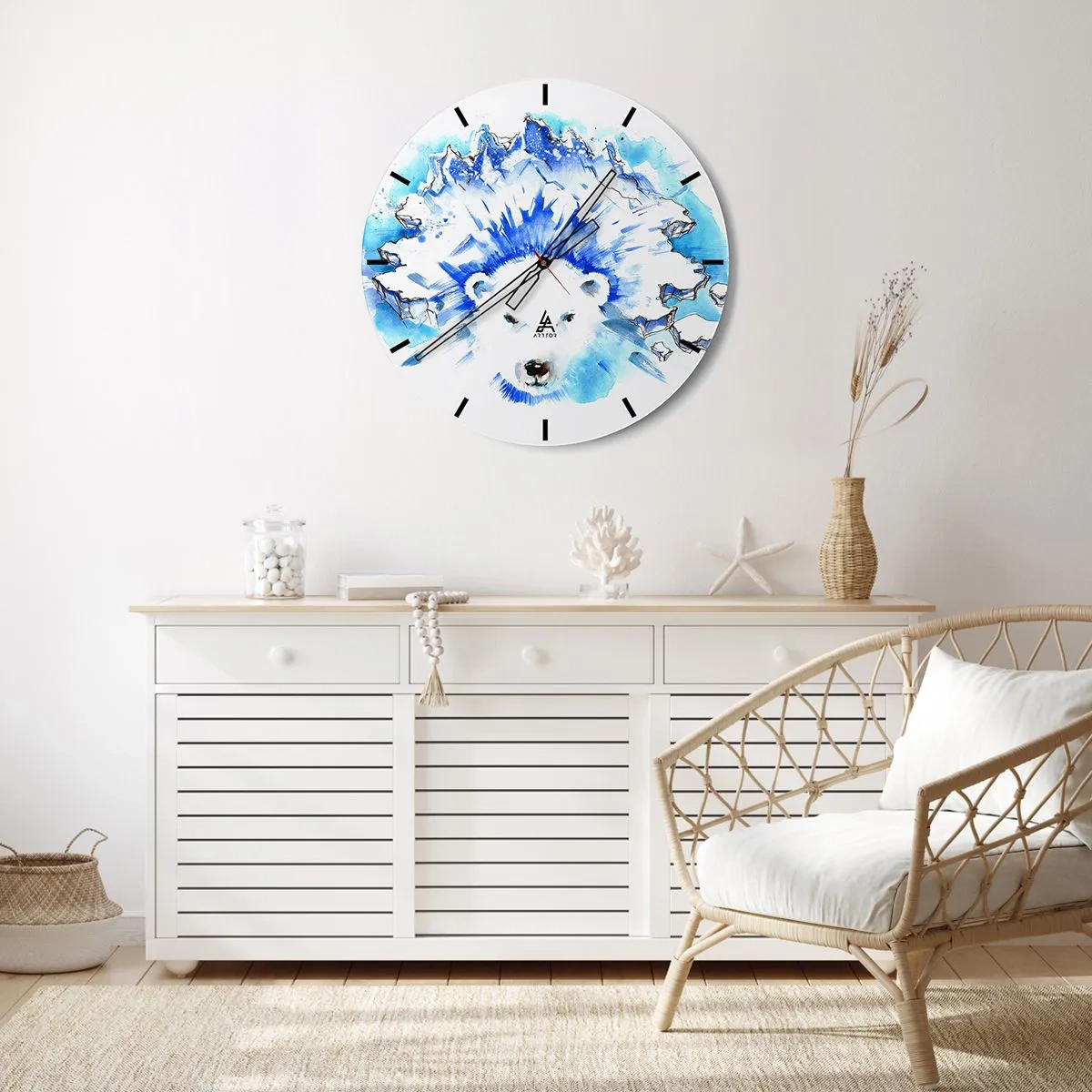 Zegar ścienny - Biały niedźwiedź z lodową koroną w błękitno-białej tonacji - 30x30cm - Król Arktyki w lodowej koronie - Nowoczesna dekoracja ścienna do salonu, kuchni i sypialni ARTTOR
