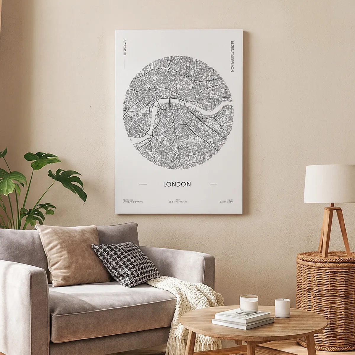 Obraz na płótnie - Minimalistyczna mapa Londynu w czarno-białej stylistyce - 50x70cm - Anatomia Londynu - Nowoczesna dekoracja ścienna do salonu, kuchni i sypialni ARTTOR