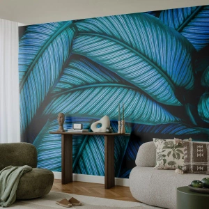 Fototapeta Premium Sand - Turkusowe liście z intensywnym żyłkowaniem w zbliżeniu - 100x70cm - Linie życia - Nowoczesna dekoracja ścienna do salonu, kuchni i sypialni ARTTOR