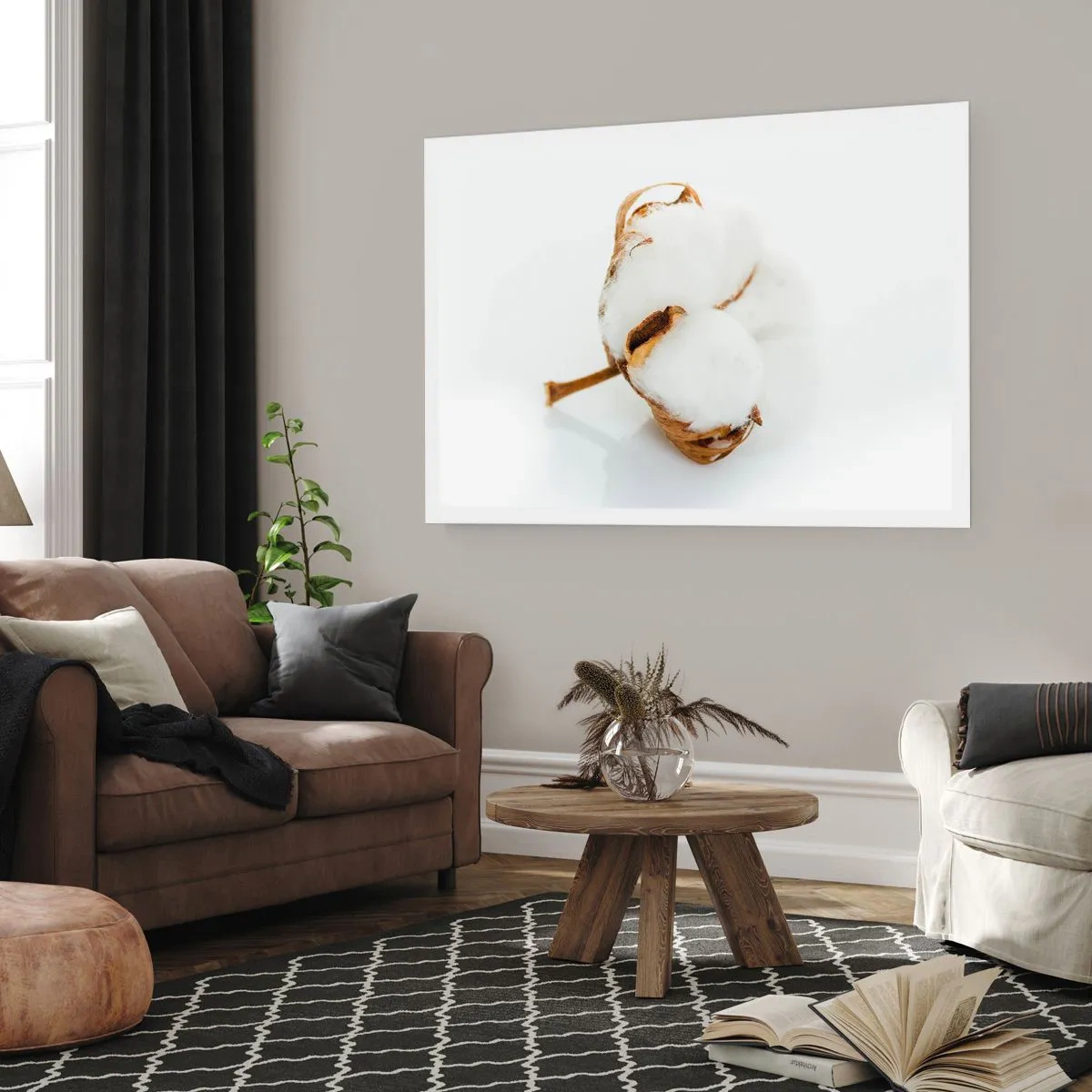 Plakat - Gałązka bawełny na jasnym tle w minimalistycznym ujęciu - 100x70cm - Miękka z natury - Nowoczesna dekoracja ścienna do salonu i sypialni ARTTOR