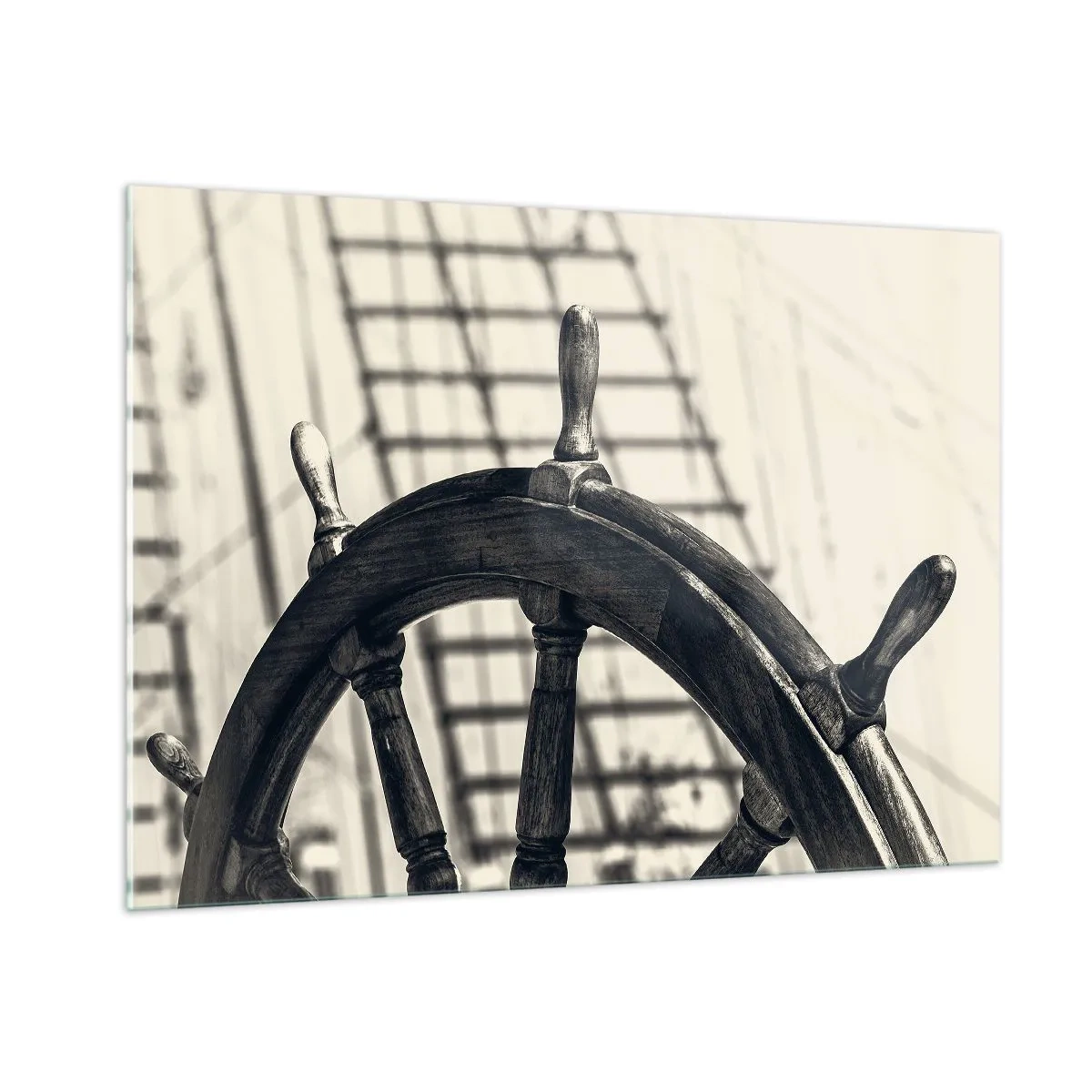 Obraz na szkle - Czarno-białe koło sterowe statku w marynistycznym stylu - 100x70cm - Morskie opowieści - Nowoczesna dekoracja ścienna do salonu, kuchni i sypialni ARTTOR