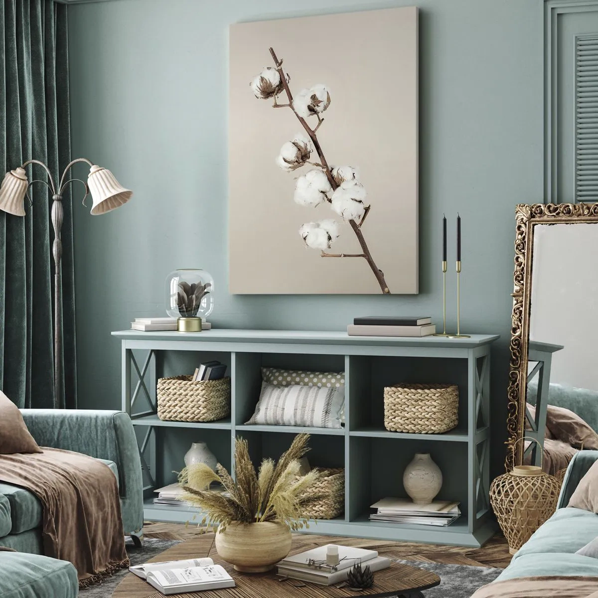 Obraz na płótnie - Gałązka bawełny na beżowym tle - 50x70cm - U źródła miękkości - Nowoczesna dekoracja ścienna do salonu, kuchni i sypialni ARTTOR