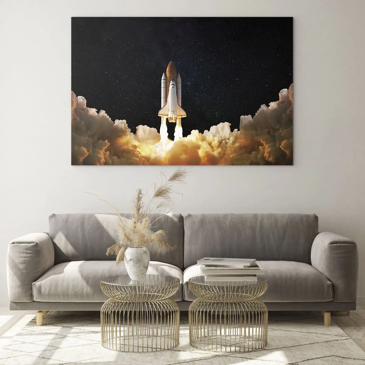 Obraz na szkle - Startujący prom kosmiczny na tle gwiaździstego nieba - 70x50cm - Ad astra! - Nowoczesna dekoracja ścienna do salonu i sypialni ARTTOR