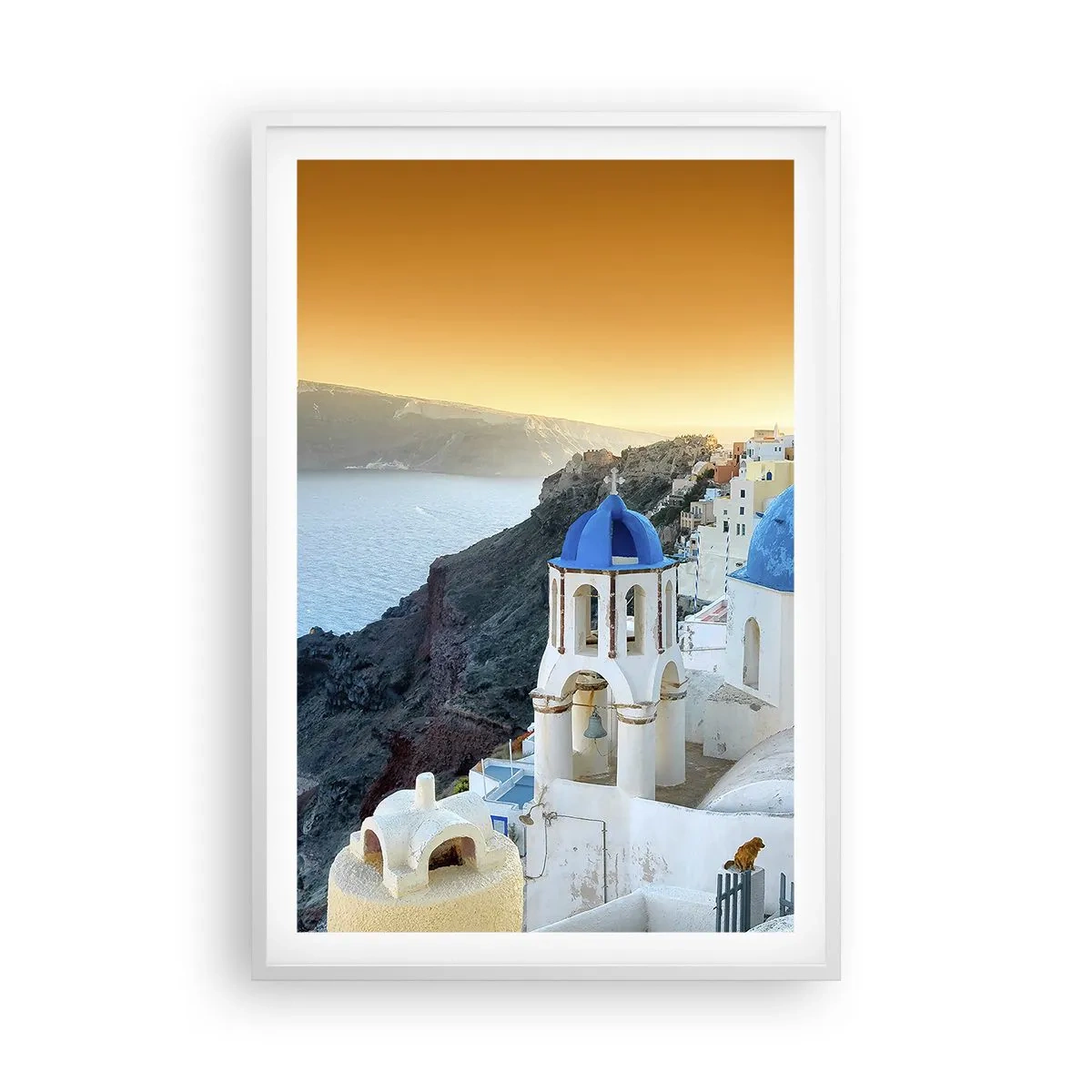 Plakat w białej ramie - Santorini - przytulone do skał - 61x91 cm
