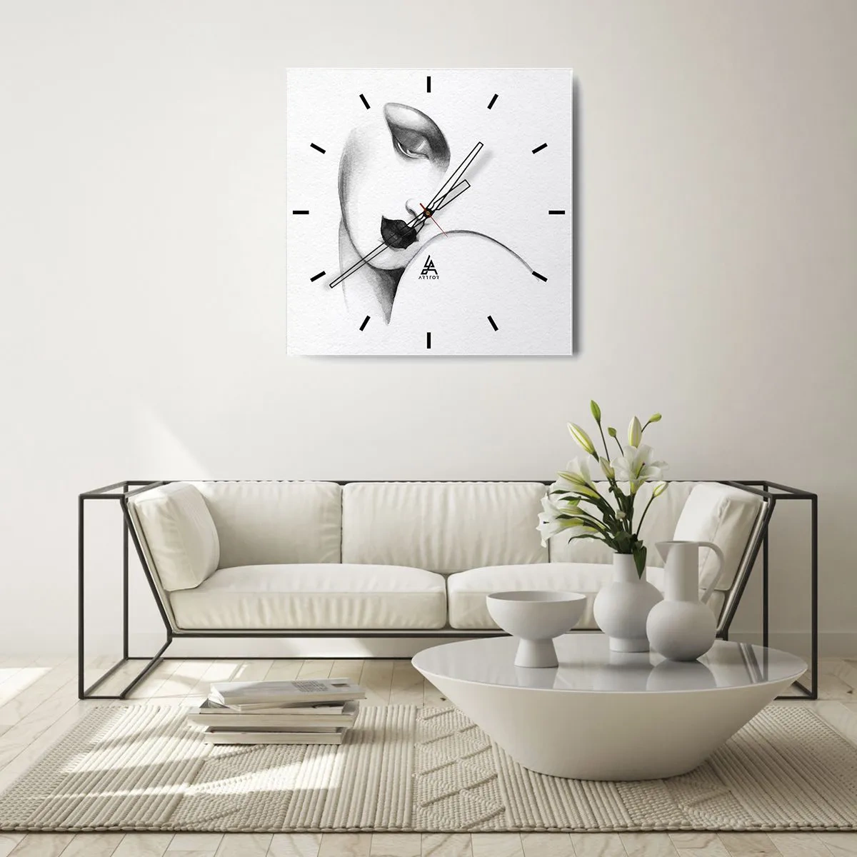 Zegar ścienny - Subtelny portret kobiety w monochromatycznym stylu - 30x30cm - W stylu Łempickiej - Nowoczesna dekoracja ścienna do salonu i sypialni ARTTOR