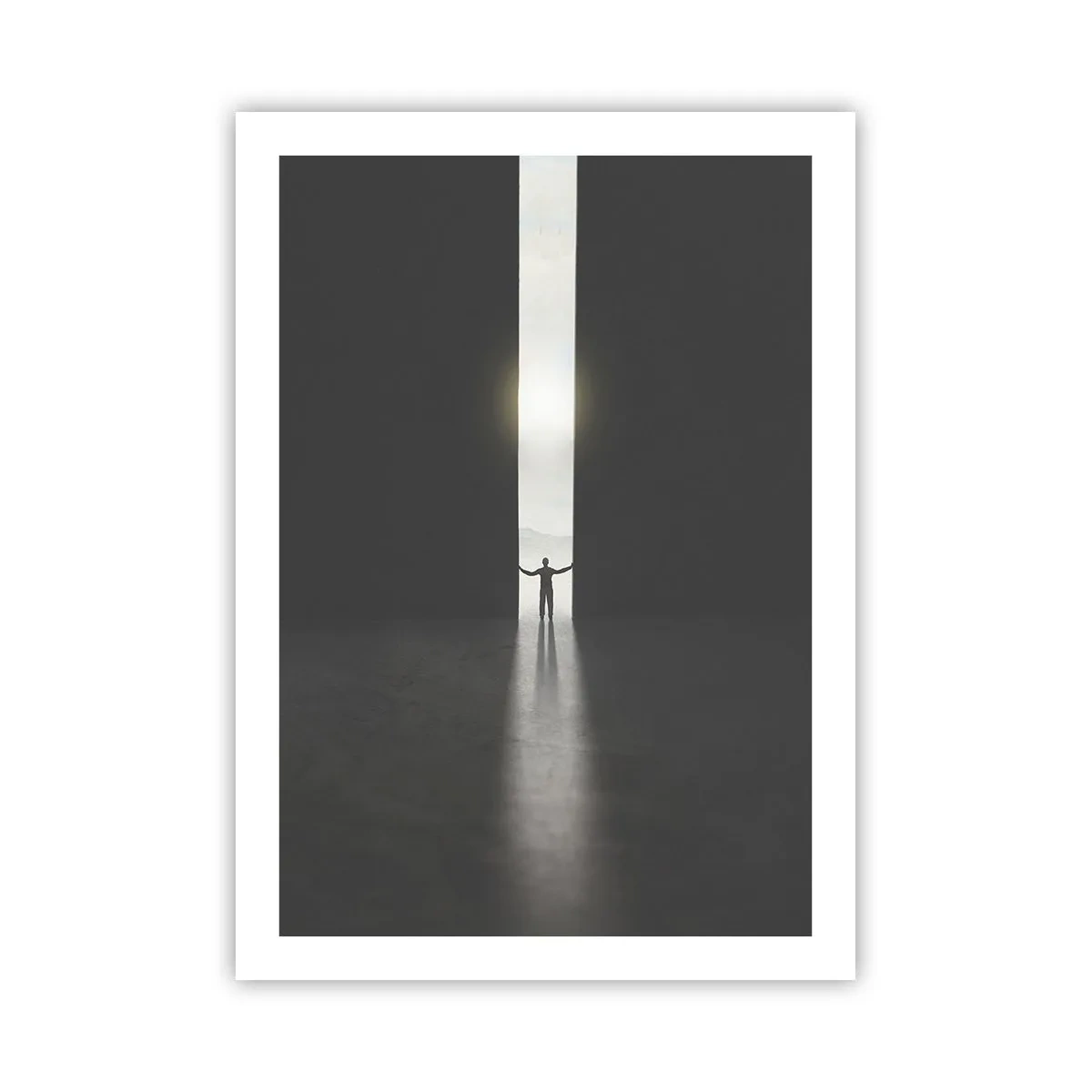 Plakat - Człowiek stojący w świetle szczeliny w ciemnym otoczeniu - 50x70cm - Krok do jasnej przyszłości - Nowoczesna dekoracja ścienna do salonu, kuchni i sypialni ARTTOR