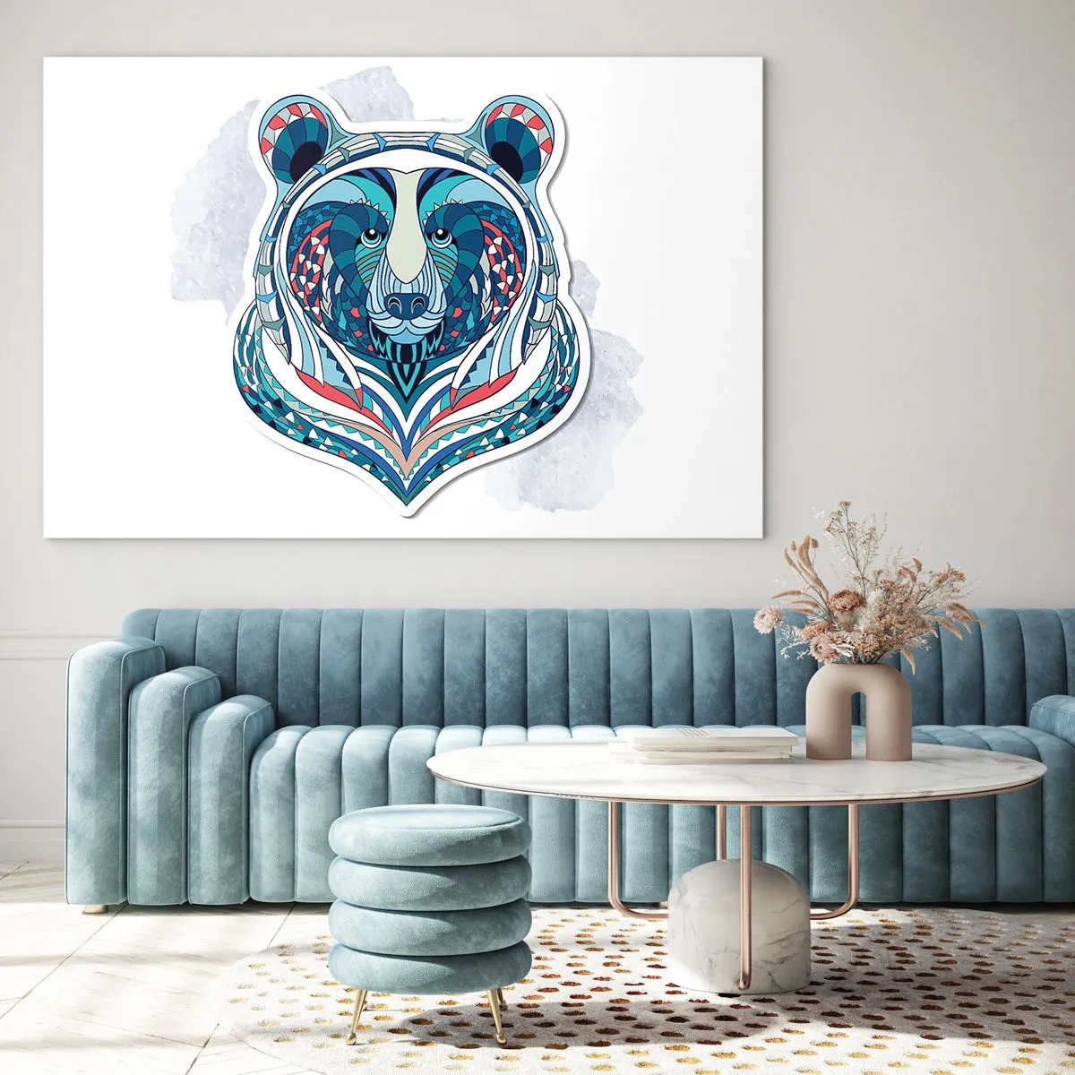 Obraz na szkle - Kolorowy, geometryczny portret misia - 120x80cm - Eviva Grenlandia! - Nowoczesna dekoracja ścienna do salonu, kuchni i sypialni ARTTOR