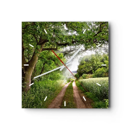 Zegar ścienny - Polna droga wśród zielonych drzew i promieni słońca - 30x30cm - Et in Arcadia ego - Nowoczesna dekoracja ścienna do salonu i sypialni ARTTOR