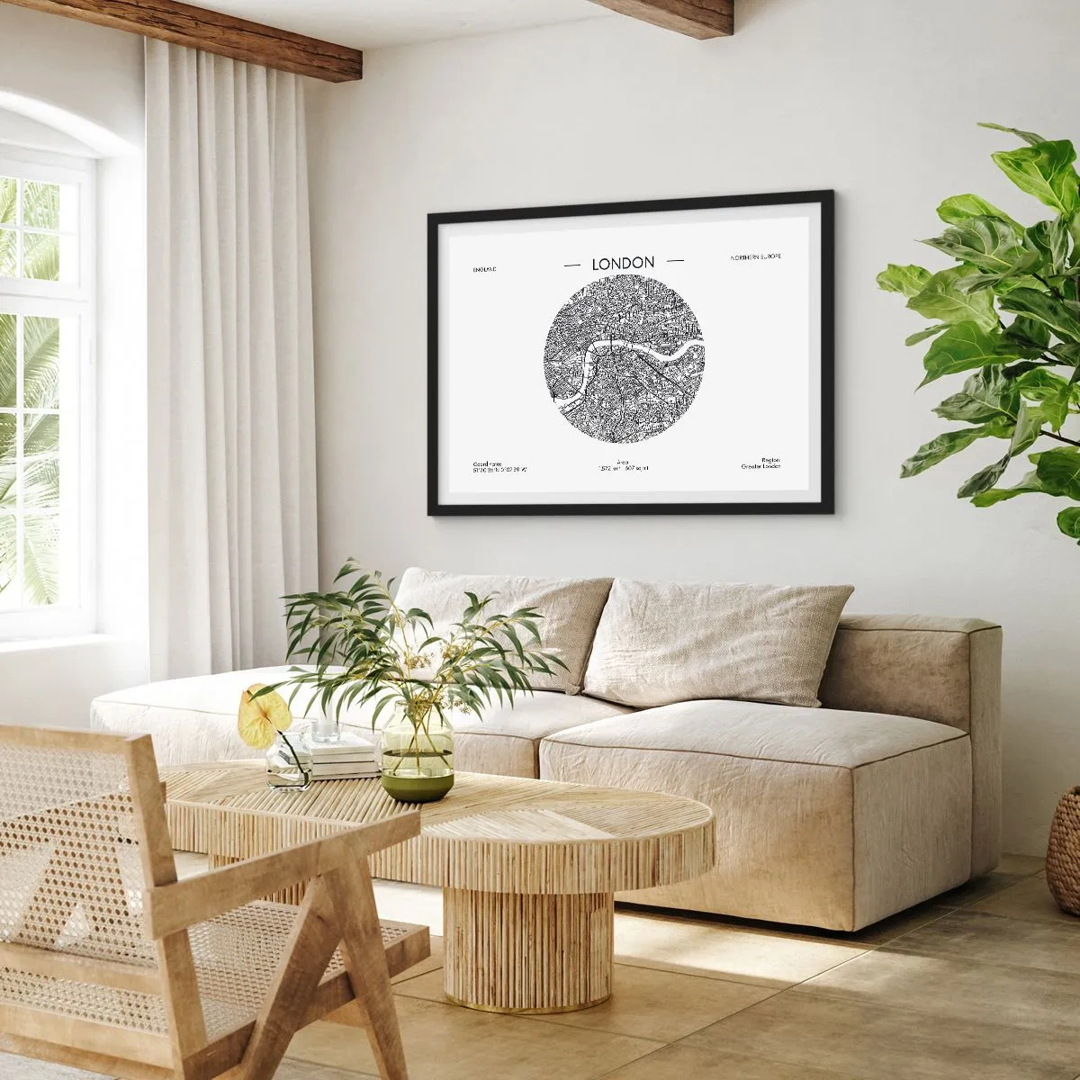 Plakat w czarnej ramie - Minimalistyczna mapa Londynu w czarno-białej kolorystyce z precyzyjnymi detalami - 100x70cm - Anatomia Londynu - Nowoczesna dekoracja ścienna do salonu i sypialni ARTTOR