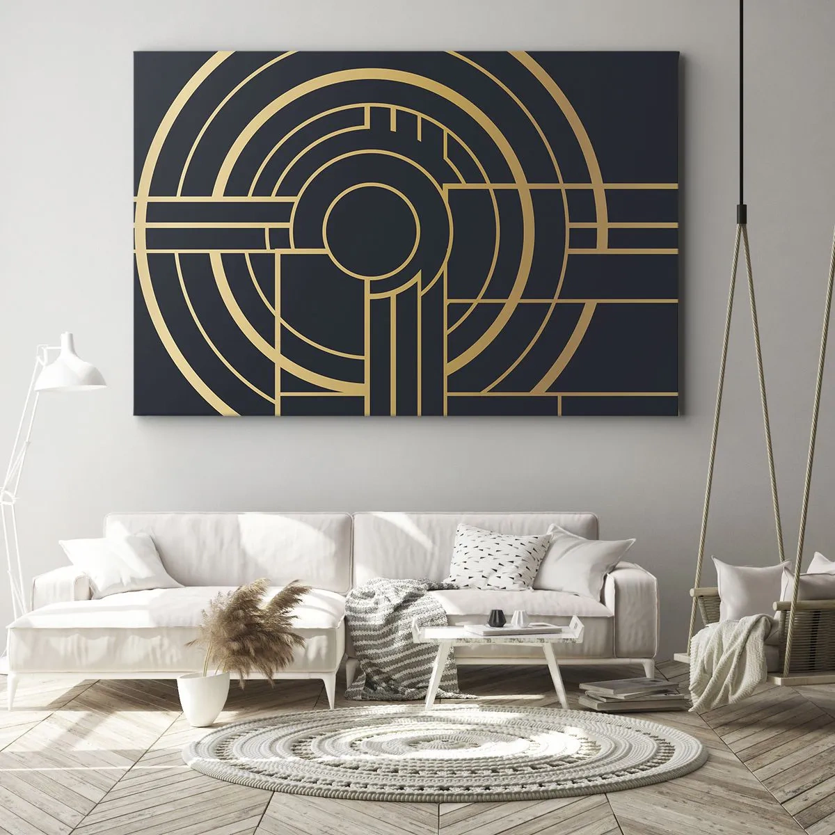 Obraz na płótnie - Geometryczny wzór z liniami w złotym kolorze - 120x80cm - Obroty rzeczy - Nowoczesna dekoracja ścienna do salonu, kuchni i sypialni ARTTOR
