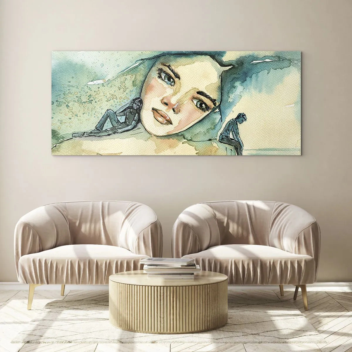 Obraz na szkle - Akwarela twarzy kobiety z refleksyjnym motywem - 120x50cm - Am I blue? - Nowoczesna dekoracja ścienna do salonu i sypialni ARTTOR