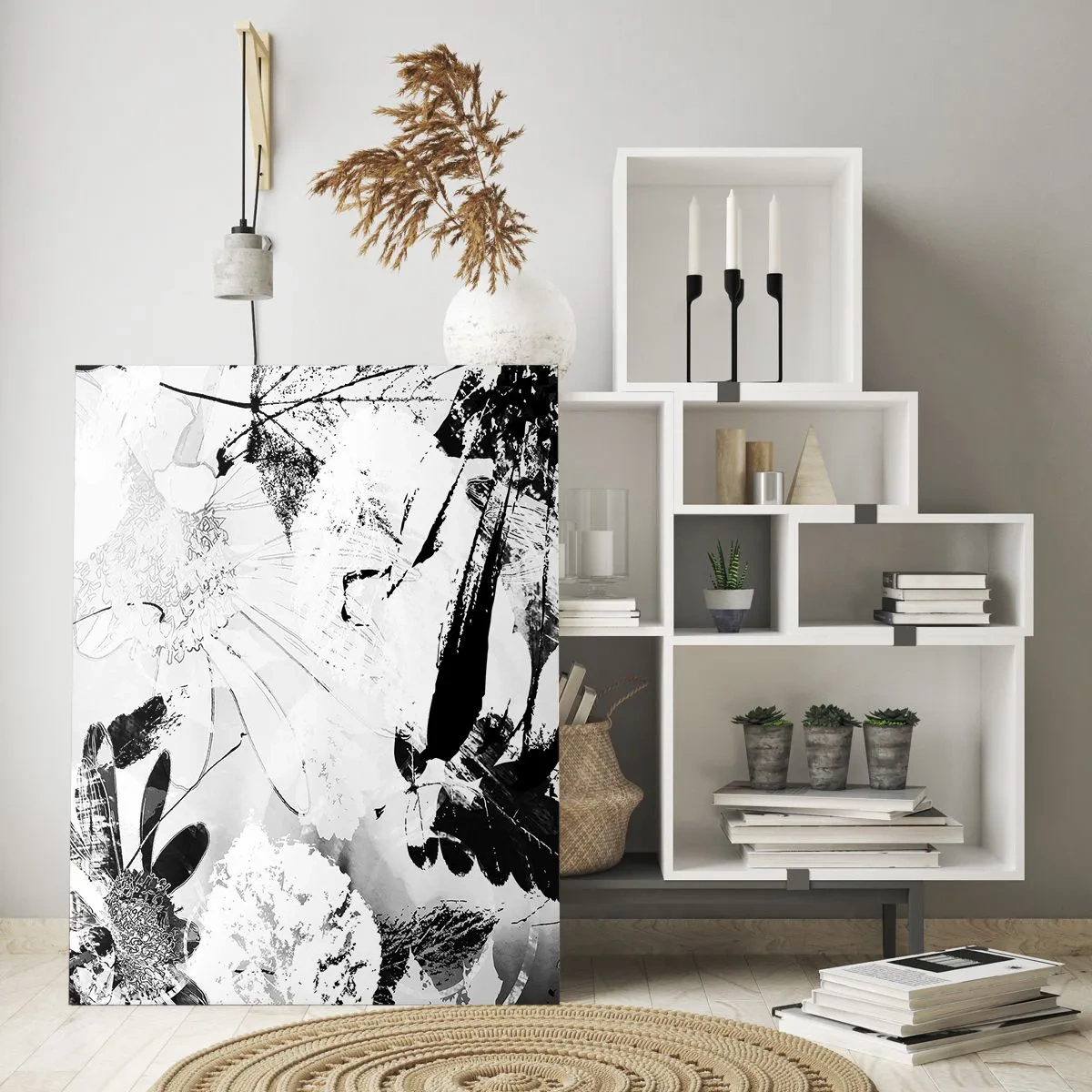 Obraz na szkle - Czarno-biała kompozycja kwiatowa w artystycznym stylu - 50x70cm - Jesień w negatywie - Nowoczesna dekoracja ścienna do salonu, kuchni i sypialni ARTTOR