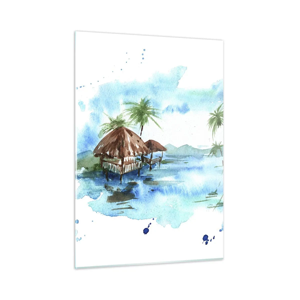 Obraz na szkle - Tropikalna sceneria z palmami i chatką w stylu akwareli - 50x70cm - Gdzieś na Pacyfiku - Nowoczesna dekoracja ścienna do salonu, kuchni i sypialni ARTTOR