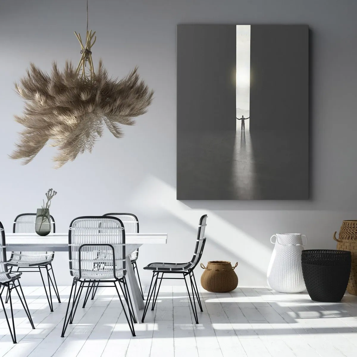 Obraz na płótnie - Człowiek stojący w świetle wąskiej szczeliny w ciemnej przestrzeni - 80x120cm - Krok do jasnej przyszłości - Nowoczesna dekoracja ścienna do salonu i sypialni ARTTOR