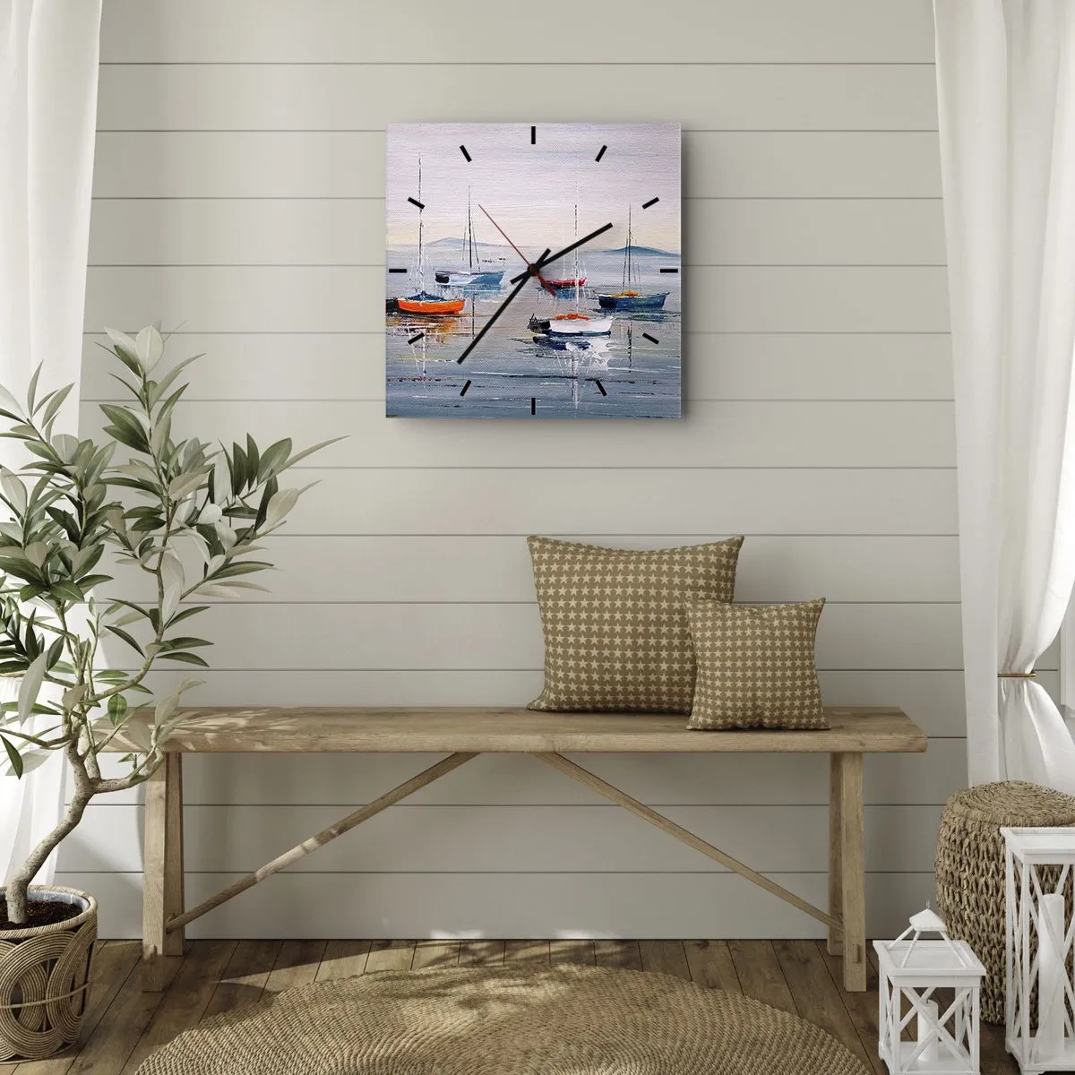 Zegar ścienny - Kolorowe łódki na spokojnej wodzie - 30x30cm - Zasłużony odpoczynek - Nowoczesna dekoracja ścienna do salonu i sypialni ARTTOR