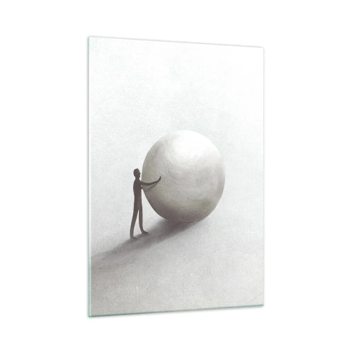 Obraz na szkle - Minimalistyczna sylwetka człowieka z dużą kulą na jasnym tle - 50x70cm - Gra życia - Nowoczesna dekoracja ścienna do salonu, kuchni i sypialni ARTTOR
