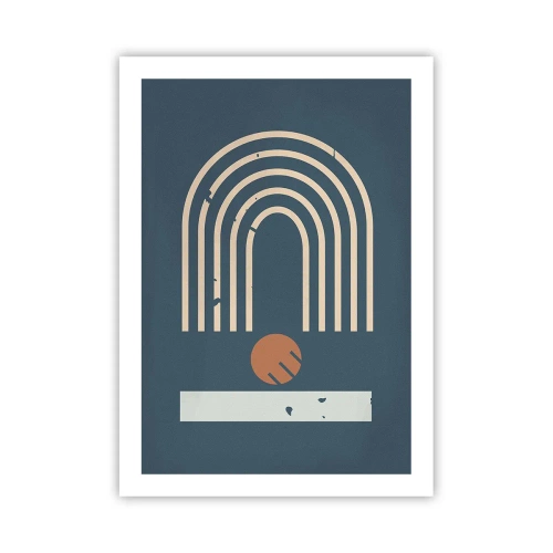 Plakat - Geometryczne łuki i kula na ciemnym tle - 50x70cm - Geometria na granacie - Nowoczesna dekoracja ścienna do salonu, kuchni i sypialni ARTTOR