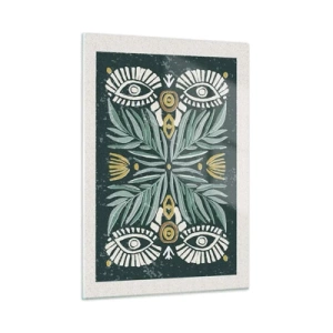Obraz na szkle - Symetryczna kompozycja liści i wzorów w stylu ludowym - 50x70cm - Jak ludowa wycinanka - Nowoczesna dekoracja ścienna do salonu, kuchni i sypialni ARTTOR