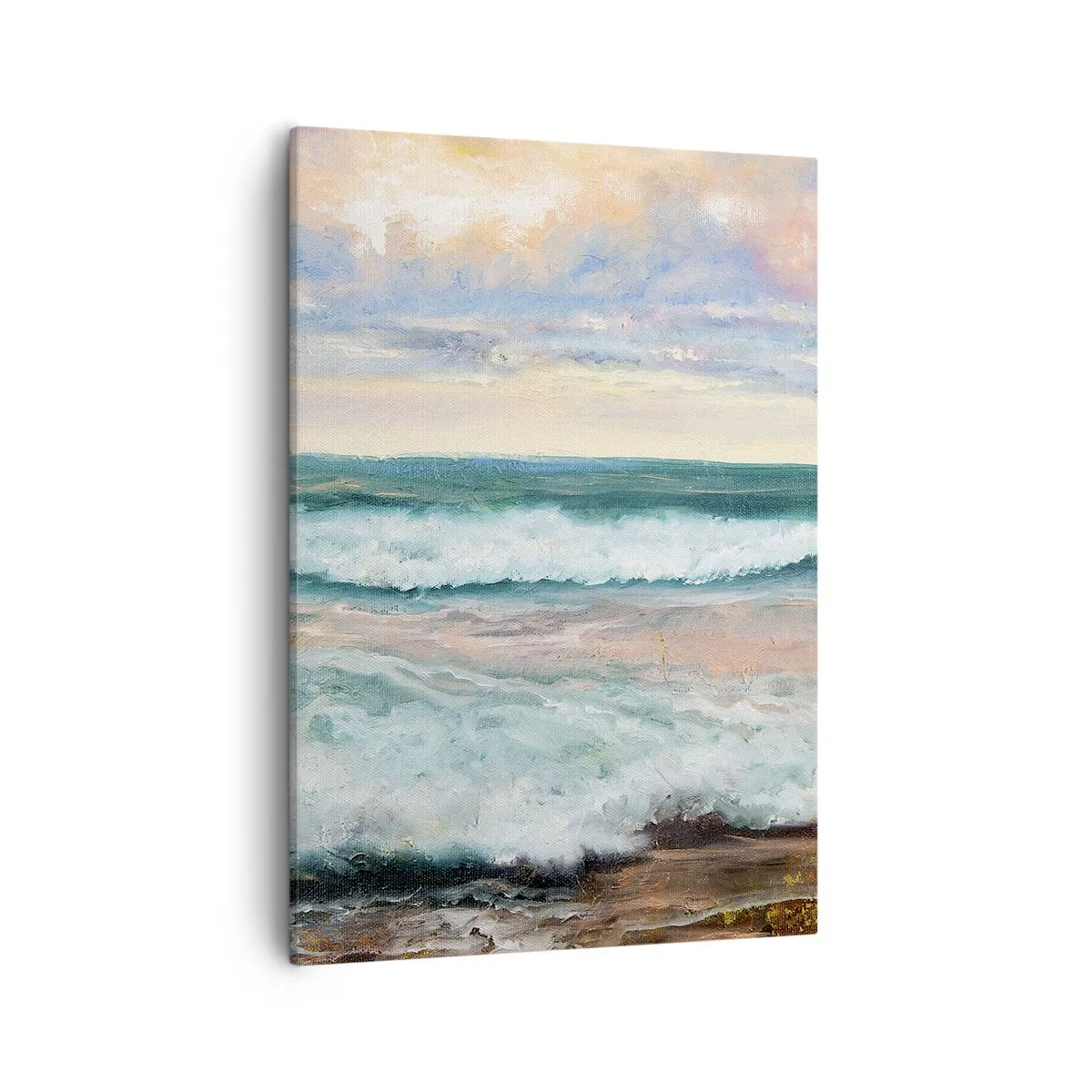 Obraz na płótnie - Malarska interpretacja morskich fal na tle pastelowego nieba - 50x70cm - Tutaj wygładzisz duszę - Nowoczesna dekoracja ścienna do salonu, kuchni i sypialni ARTTOR