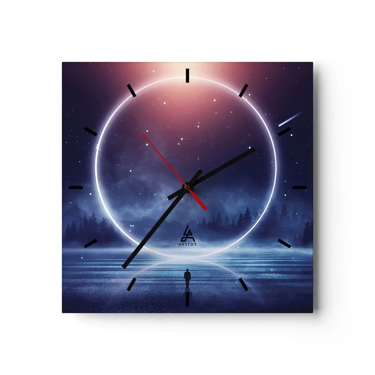 Zegar ścienny - Magiczny krajobraz z postacią i świetlistym kręgiem nocą - 30x30cm - Już tu są… - Nowoczesna dekoracja ścienna do salonu i sypialni ARTTOR