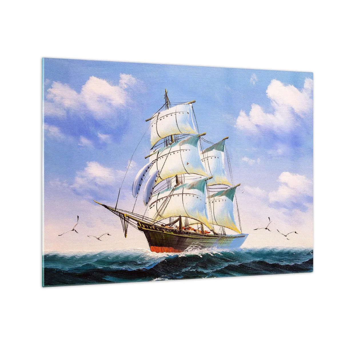 Obraz na szkle - Żaglowiec na pełnym morzu pod błękitnym niebem - 70x50cm - Dumnie z wiatrem - Nowoczesna dekoracja ścienna do salonu i sypialni ARTTOR