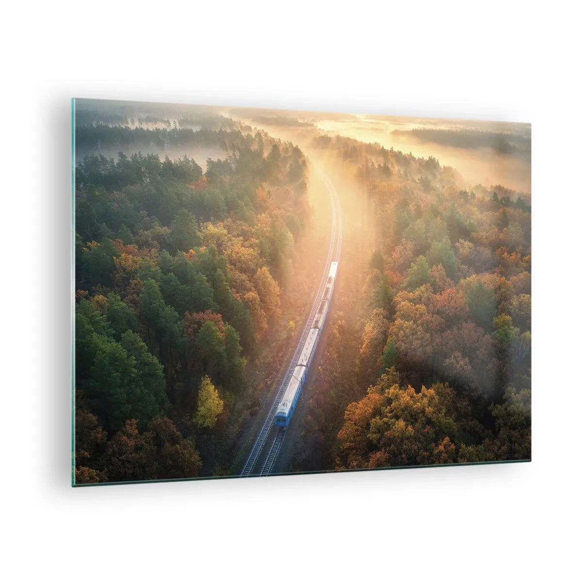 Obraz na szkle - Pociąg w malowniczej, jesiennej scenerii, pełen ciepła i nostalgii - 70x50cm - Jesienna podróż - Nowoczesna dekoracja ścienna do salonu i sypialni ARTTOR