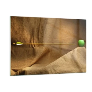 Obraz na szkle - Zielone jabłko na beżowym tle z przeszywającą je strzałą - 120x80cm - Przywołać ducha Wilhelma Tella - Nowoczesna dekoracja ścienna do salonu, kuchni i sypialni ARTTOR