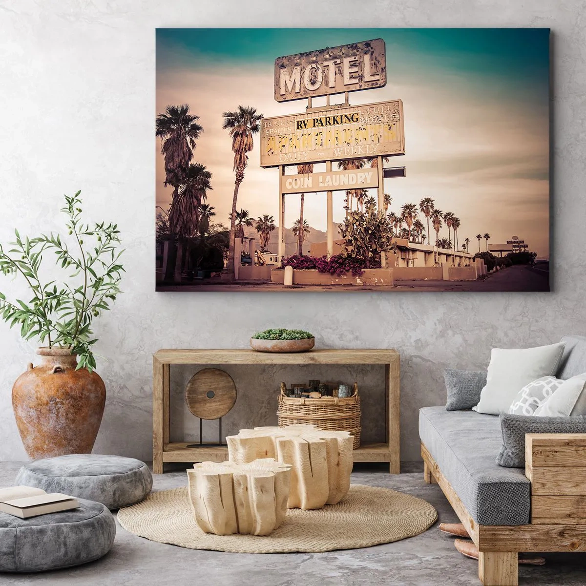 Obraz na płótnie - Retro szyld motelu otoczonego palmami - 70x50cm - Tu czas się zatrzymał - Nowoczesna dekoracja ścienna do salonu i sypialni ARTTOR