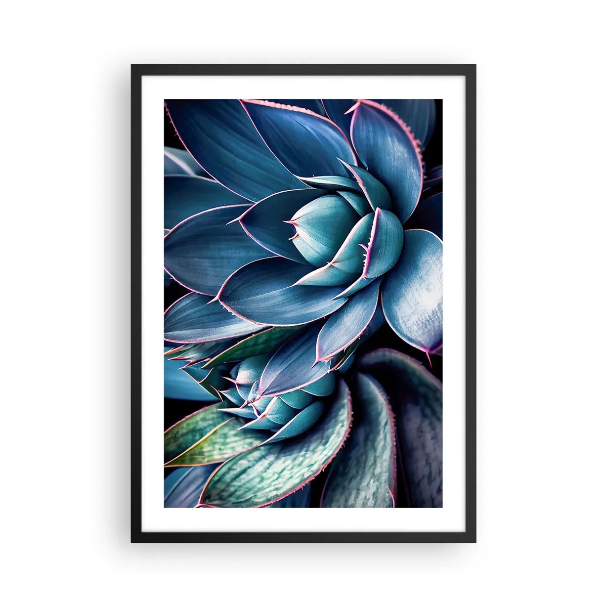 Plakat w czarnej ramie - Agawa w odcieniach niebieskiego i zieleni - 50x70cm - Witalna siła - Nowoczesna dekoracja ścienna do salonu i sypialni ARTTOR