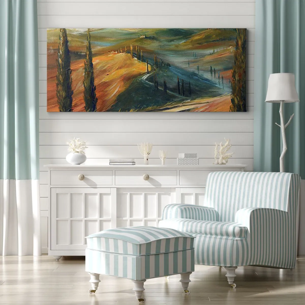 Obraz na płótnie - Toskański krajobraz z polami, drogą i cyprysami - 120x50cm - Toskański pejzaż - Nowoczesna dekoracja ścienna do salonu i sypialni ARTTOR