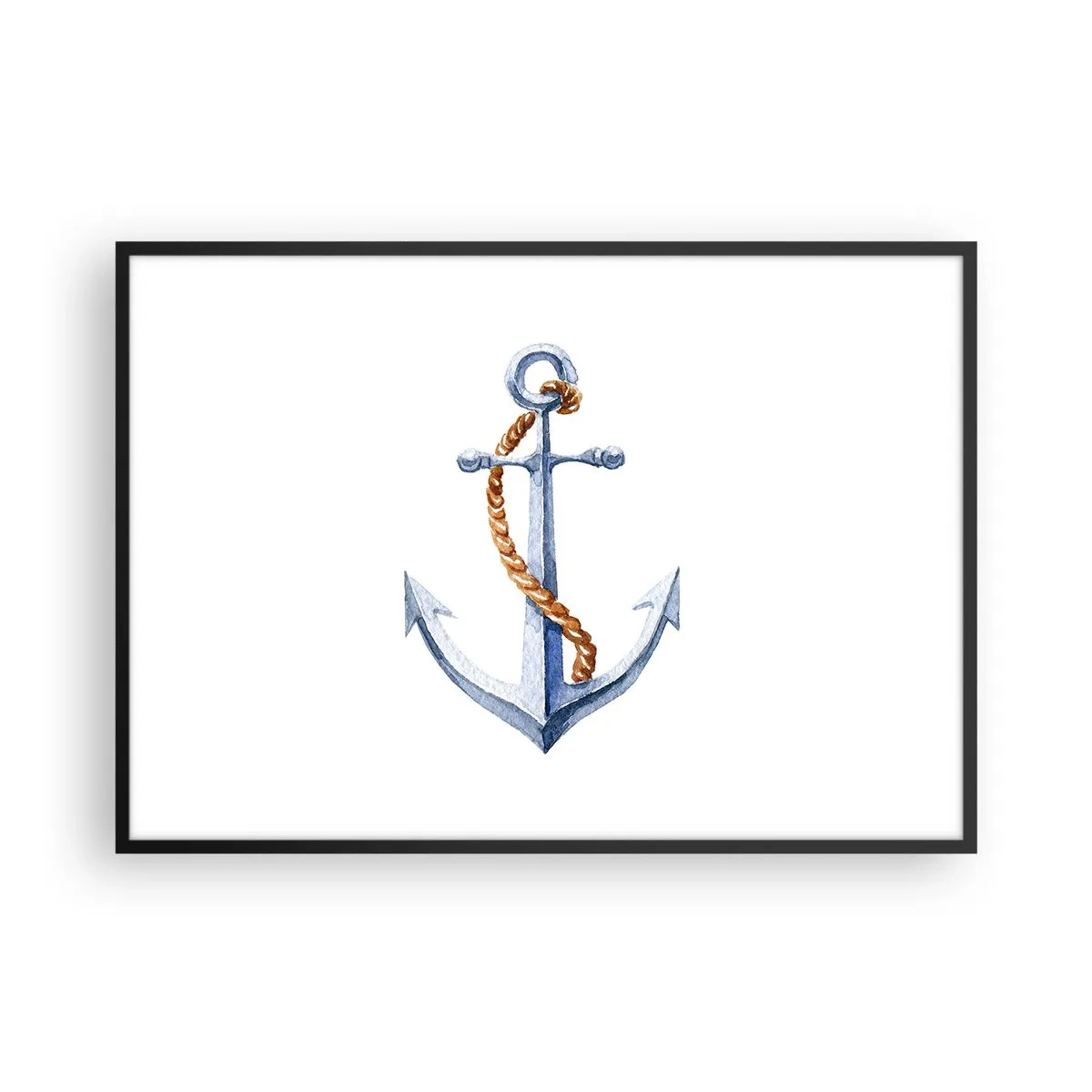 Plakat w czarnej ramie - Kotwica z liną w akwarelowym stylu - 100x70cm - Ahoj przygodo! - Nowoczesna dekoracja ścienna do salonu i sypialni ARTTOR