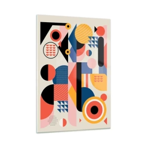 Obraz na szkle - Kolorowa abstrakcja geometryczna z kół i trójkątów - 50x70cm - Kompozycja: pobaw się - Nowoczesna dekoracja ścienna do salonu, kuchni i sypialni ARTTOR