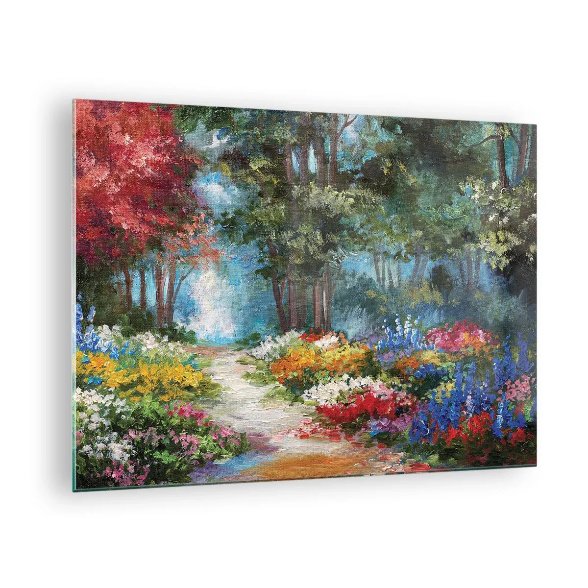 Obraz na szkle - Barwny leśny ogród z kwitnącymi kwiatami - 70x50cm - Leśny ogród, kwietny las - Nowoczesna dekoracja ścienna do salonu i sypialni ARTTOR
